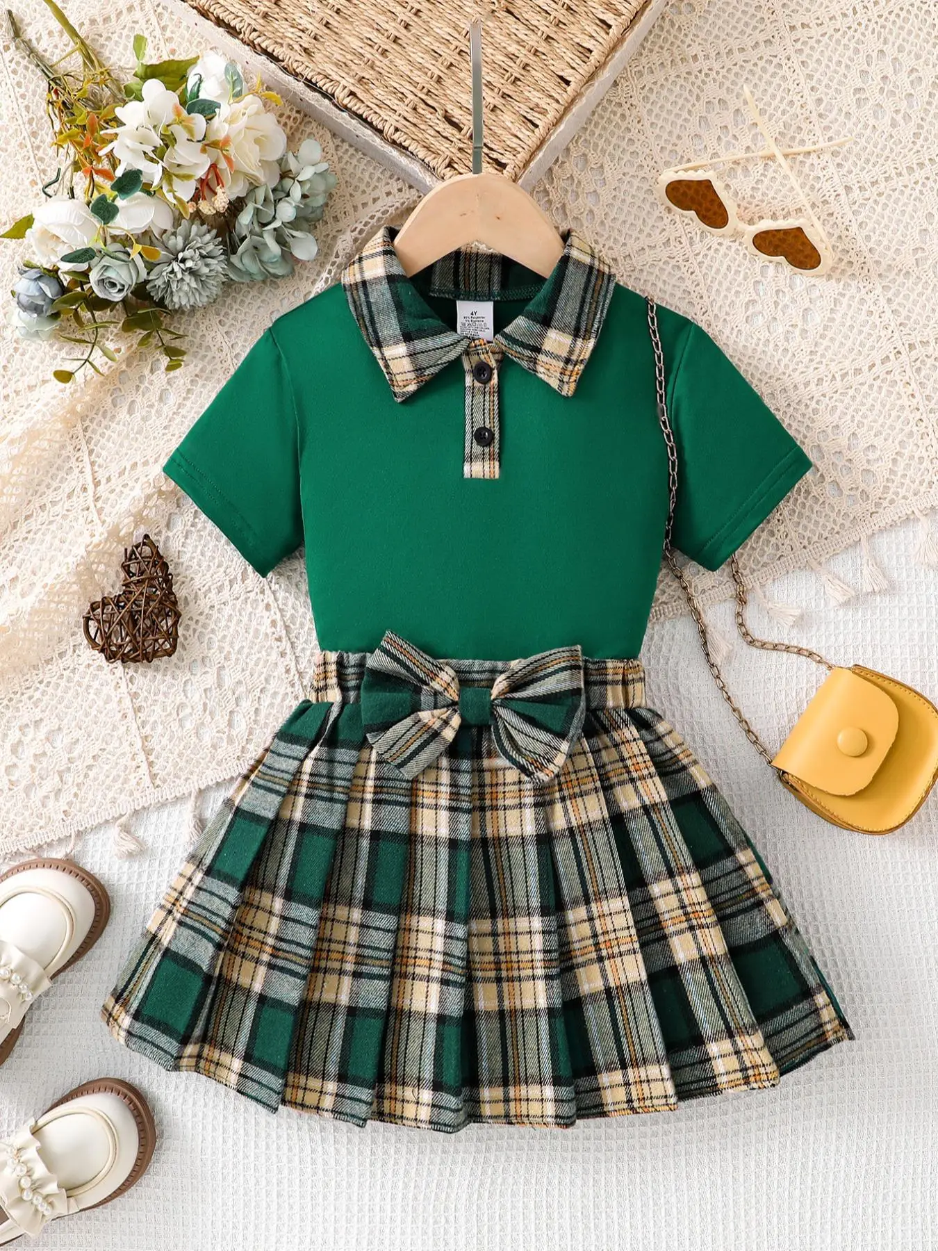 Girl's Plaid Print Short Sleeve Top & Bow Decor Plaid Print Skirt Two-piece Set, Casual Top & A-line Skirt for Daily Wear, Kids Summer Clothes, Outfit