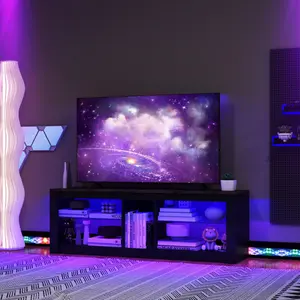 COSTWAY LED TV Stand for 65 Inch TVs, Gaming Entertainment Center w/Open Storage, Adjustable Tempered Glass Shelves, Modern Media TV Console Table for Living Room Bedroom, Black & Rustic Brown