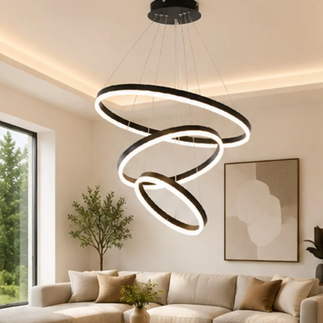 Modern 3-Ring LED Chandelier Pendant Light Fixture, Dimmable Remote Control, Adjustable Height 59 Inches, 3000K-6000K Color Temperature, Acrylic and Aluminum, Black or Gold Options, for Dining Room Kitchen Living Room Entryway Staircase