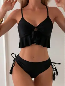 Summer Beach Hollow Out Tie Thin Strap Bikini Set, Casual Slim-Fitting Swimwear, Plain Pattern, All Seasons, Swim Suits