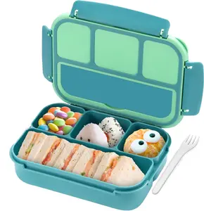 Bento Box for Kids Adults, School Toddler Lunch Box for Boys Girls, Lunch Box Containers with 4 Compartments, Sauce Container, Food Picks for School, Green