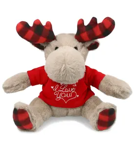 DOLLIBU Super Soft Moose Stuffed Toy - Valentine-Theme Red "I Love You" Beige Plaid Plush Shirt, Suitable for Ages 0+, Super Soft Plush