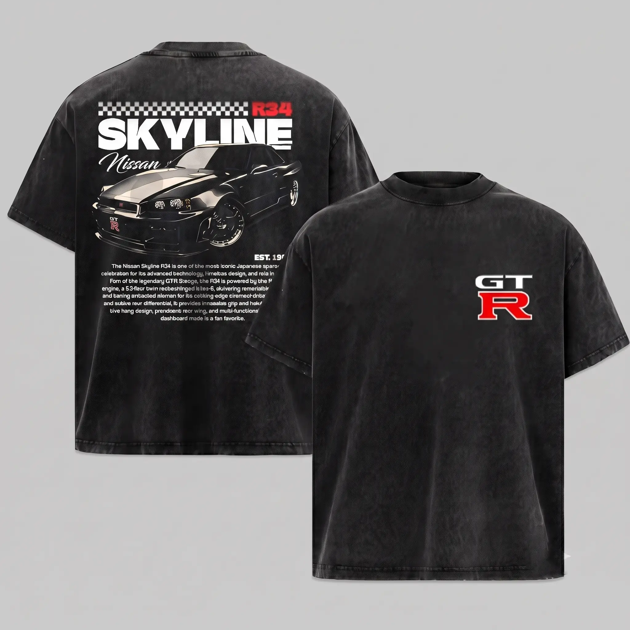 Unisex Vintage Street Style Graphic Gtr R34 T-Shirt, Comfortable Cotton Wash Tee for Racing Culture Lovers, Perfect for Couples and Casual Wear