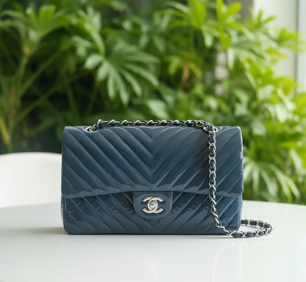 Pre-owned CHANEL Patent Leather Shoulder Bags Petrol Blue Chevron Double Flap