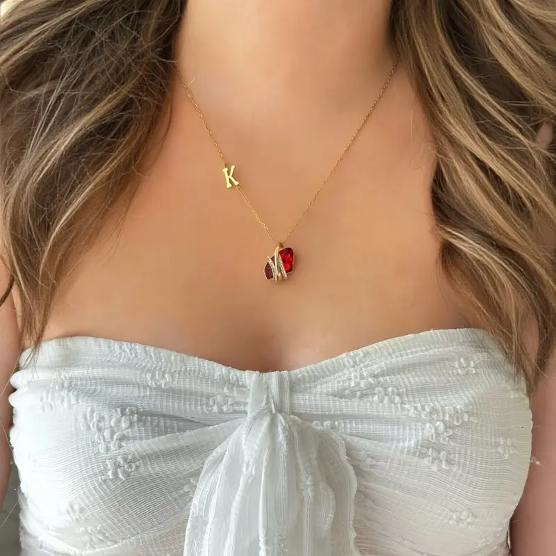 18K Gold Plated Necklace With Wish Birthstone and Custom Initials, Personalized Fashion Necklace For Women