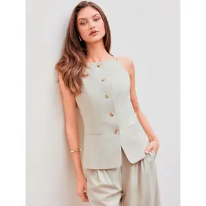 Cider [2 colors, size 0-26] Linen-blend Square Neck Solid Blazer Vest