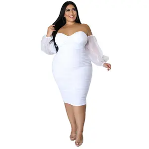 Acelyn Dress Women's Plus Size Off The Shoulder Mesh Long Sleeve Bodycon Ruched Midi Party Cocktail Dress