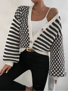 【Plus Size】 Women's Striped Pattern Button Front Knitting Sweater Cardigan, Casual Long Sleeve Knitwear for Daily Wear, Women Plus Clothing for Fall & Winter