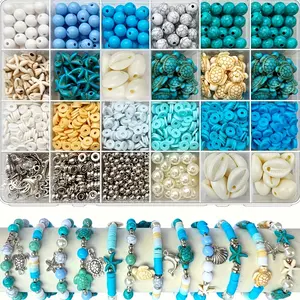 1860pcs Ocean Pearl Craft Kit, Sea Blue Summer Beads, Turtle Starfish Shapes, DIY Bracelet Jewelry Keychain Accessories