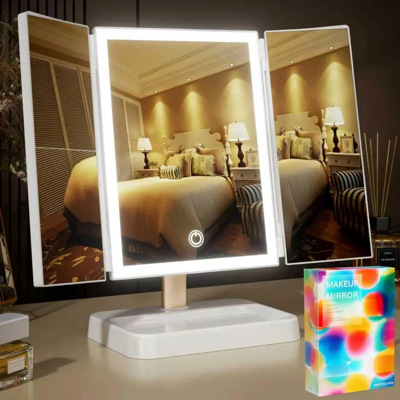 LED Vanity Mirror with Magnification, Type-C Charging, 3-Color Stepless Dimming, Height-Adjustable & Swivel Design, for Home & Travel Use