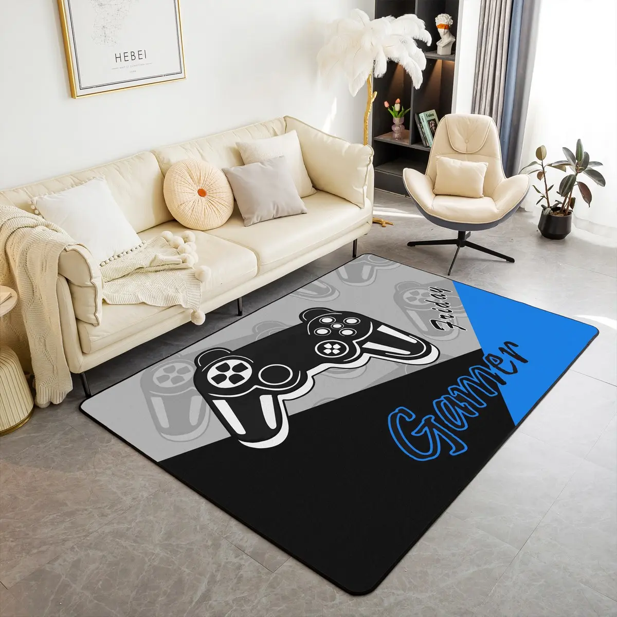 Feelyou Gaming-Themed Area Rug - Soft Flannel Top Home Decor Rug, Bold Color Arcade Design with Gamepad Print, Machine Washable Indoor Living Room Carpet, Home Decor Rugs, Arcade Area Rugs