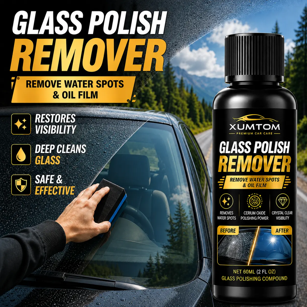 XUMTOM Car Windshield Oil Film Remover with Sponge - Glass Care Degreaser, Streak-Free Deep Cleaner, Heavy-Duty Spot Remover for Side Window, Rear Window & Rearview Mirror, Enhances Rainy Driving Clarity