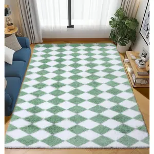 Sage Green and White Rugs for Living Room 5x8, Soft Large Shaggy Checkered Area Rugs for Bedroom, Shag Furry Plush Fuzzy Carpet for Boys Girls Teen Room Nursery Playroom