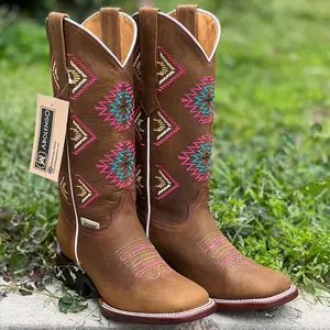 Brown Cowgirl Boots Native Design Square Toe
