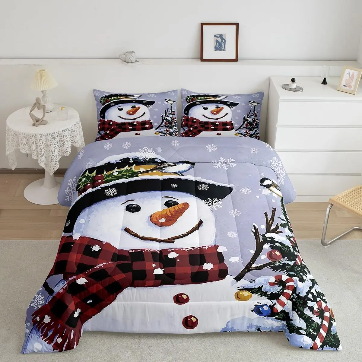 Kids' Christmas Theme Soft Microfiber Bedding Set - Digital Print Snowman Comforter Quilt, Breathable, Machine Washable, Bedroom Decor, Multi-Size (Twin, Full, Queen)