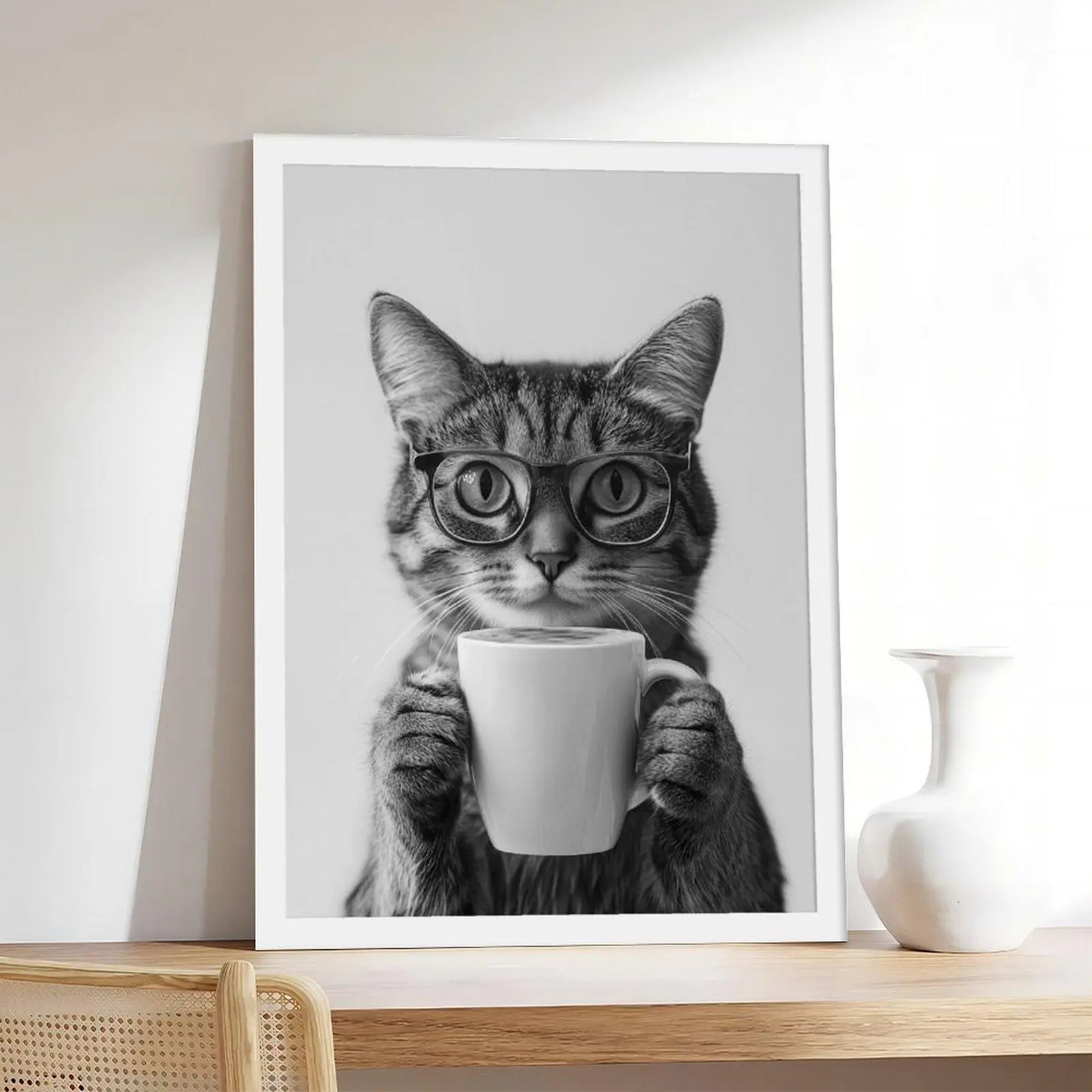 Domestic Shorthair Cat Coffee-Bar Decor Poster Print - Artistic Funny Moggy Vintage Minimalist Neutral Aesthetic Wall Decoration, Couple-Friendly Home Supplies Gift with Printing, Dimensions May Contain Minor Discrepancies, Room, Photo