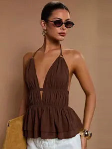 Sable x Women's Solid Color Halter Neck Sleeveless Casual Summer Tank Top