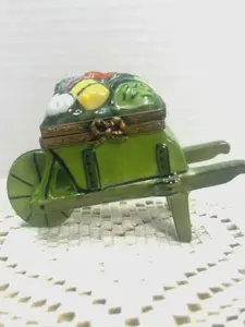 Embrace Elegance with the Limoges "Green Vegetable Wheel Barrel" Trinket Box - A French Delight for Your Vanity!