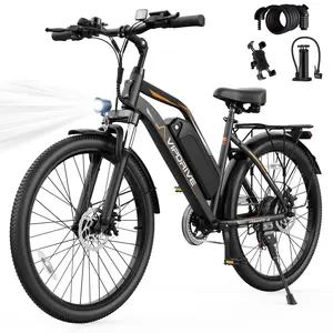 【VIPDRIVE】All-Terrain 750W Peak Motor Electric Bicycle – 22 mph, 40–60 mile range, 48V 7.8Ah removable battery, 24/26-inch all-terrain tires, suitable for city riding, LED adaptive headlights, red taillight, safe and reliable