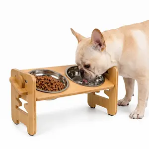 french bulldog water bowl Elevated Dog Bowls, Adjustable Raised Tilted French Bulldog Food Water Bowl, Slanted Bamboo Pet Feeding Station with Stainless Steel Bowl for Small & Medium Dogs, Cat Kitten Flat Faced Puppy Feeder
