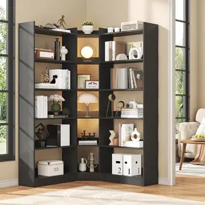 63.1" Tall Modern Corner Etagere Bookcase Storage Display Rack Book Shelf with Baffle, 6 Tiers Corner Bookshelf, Industrial L Shaped Bookshelves