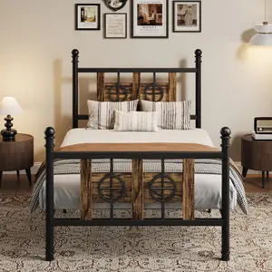 Brown Twin Size Metal Bed Frame with Vintage Circular Headboard & Footboard, Under-Bed Storage – No Box Spring, Easy Assembly & Noise-Free