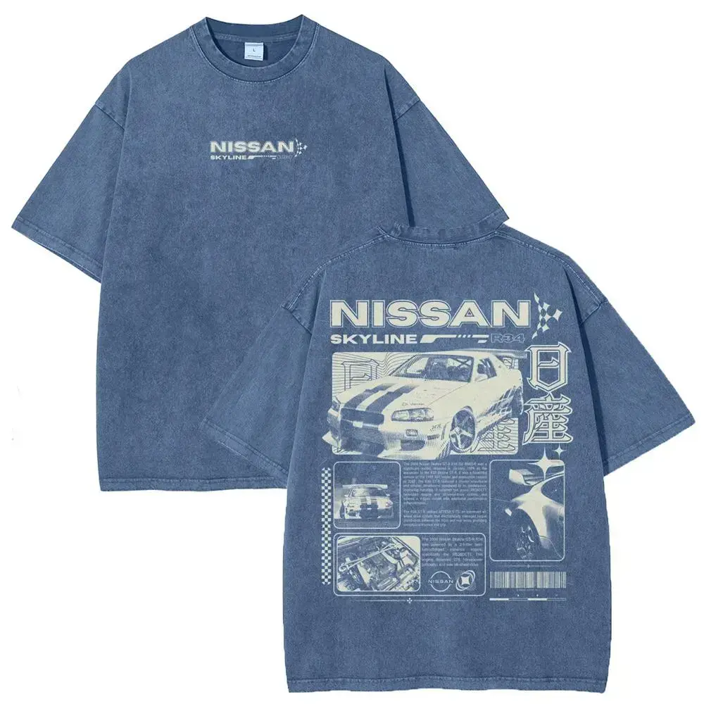 [PT 100%cotton]Vintage JDM Sports Car Graphic Washed Denim T-Shirt Skyline Men's Graphic Tees Streetwear Outfits Men Vacation Outfits Oversized Tshirt Men Retro Deftones Tour