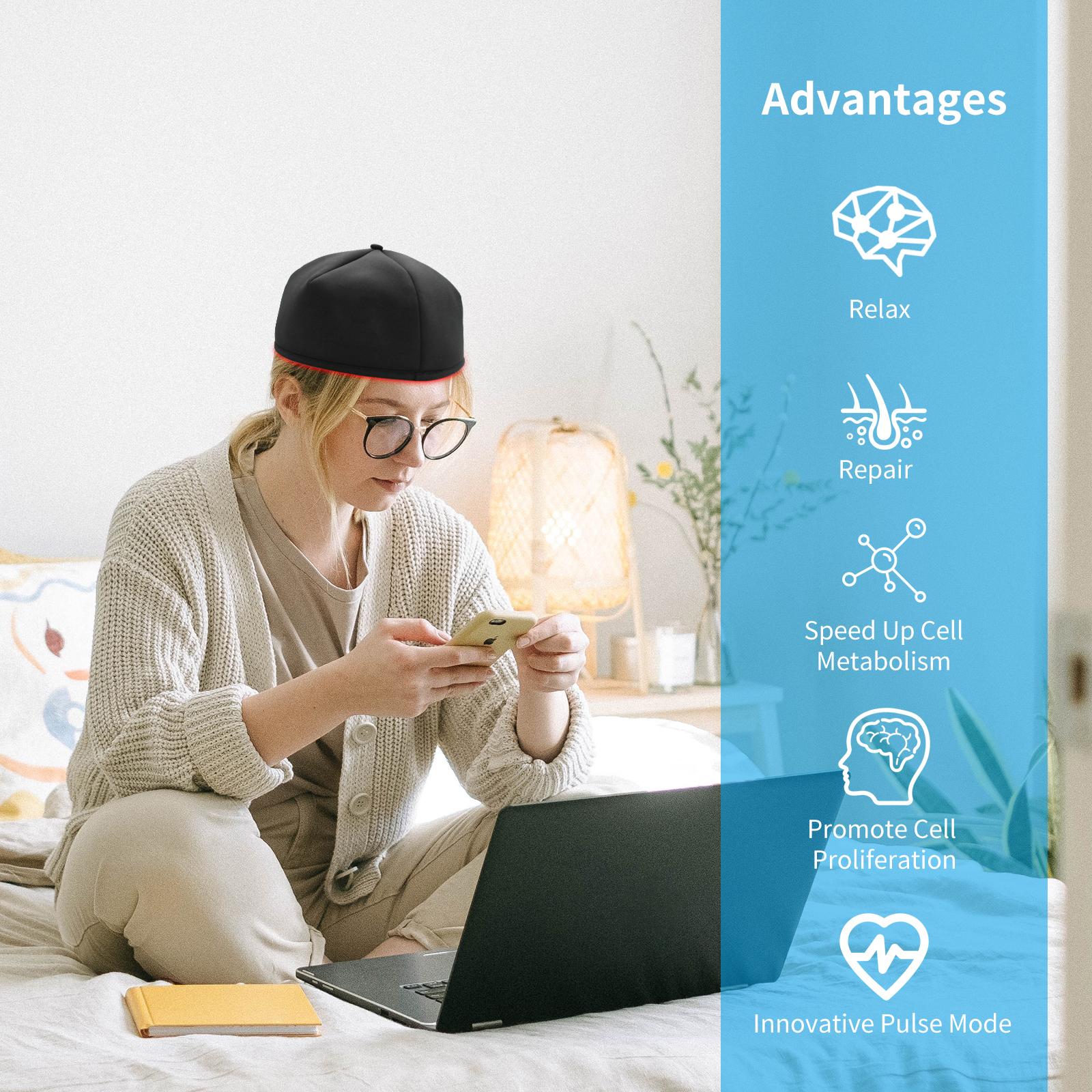120 LED scalp care red light cap, 660nm red light + 830nm near-infrared dual wavelengths, a total of 120 high-density LED beads, 10Hz & 40Hz pulse modes, plug-in operation.