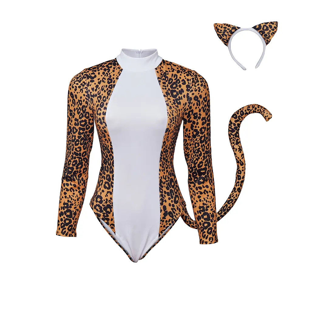 Women's Josie Fitted 3-Piece Retro Leopard-Print Catgirl Cosplay Costume Set - Breathable Fabric, Round Neck Knot Top, Tail-Attached Skirt, Headband, Matching Fishnet Stockings - Machine Washable, All Seasons, Halloween Use