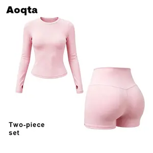 Aoqta Pink Long-Sleeve Yoga Set, Women's Crew Neck Thumbhole Workout Top & High Waist Glute-Lifting Shorts, Breathable Quick-Dry Gym Outfit for Yoga & Training