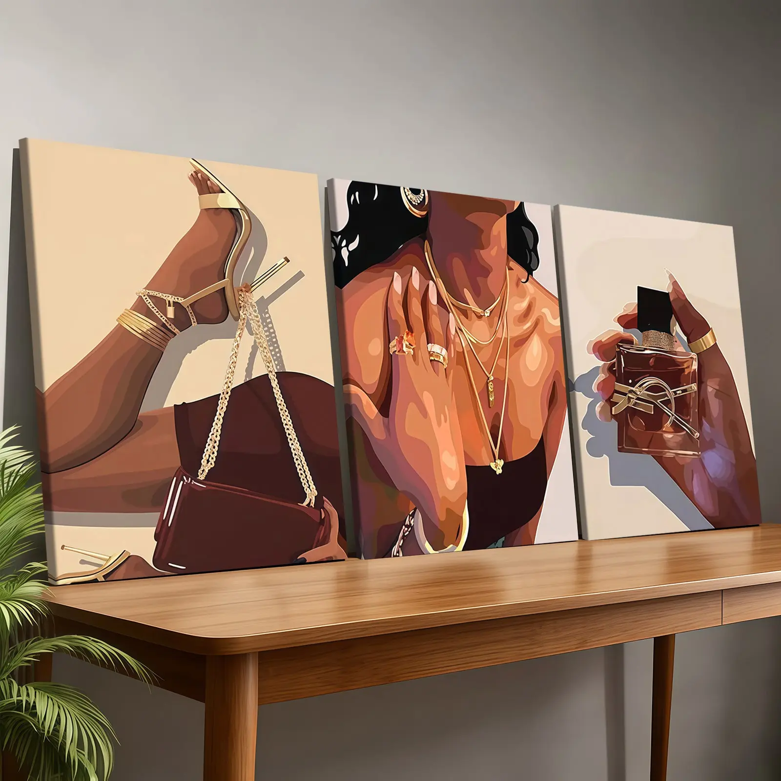 3-Pack Wood Frame Canvas Posters, Modern Urban Women Perfume High Heel Art, Fashion Home Decor, Living Room Wall Art, Bedroom Office Hallway Decoration