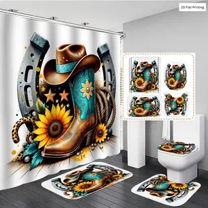 1/3/4PCS Western Cowboy Hat Boot with Sunflowers and Horseshoes Shower Curtain Set with Rugs, Non Slip Bath Mat, U-Shape Carpet, Toilet Lid Cover, Bathtub Curtain Accessories, 12 Hooks, Home Bathroom Festival D