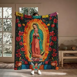Our Lady Of Guadalupe Flannel Throw Blanket, Virgin Mary Marigold Folk Art Mexican Pattern Soft Warm Cozy Nap Blanket for Couch Bed Sofa Wall Hanging, Religious Catholic Gift for Her Him Believer, Birthday Christmas Holiday Gift
