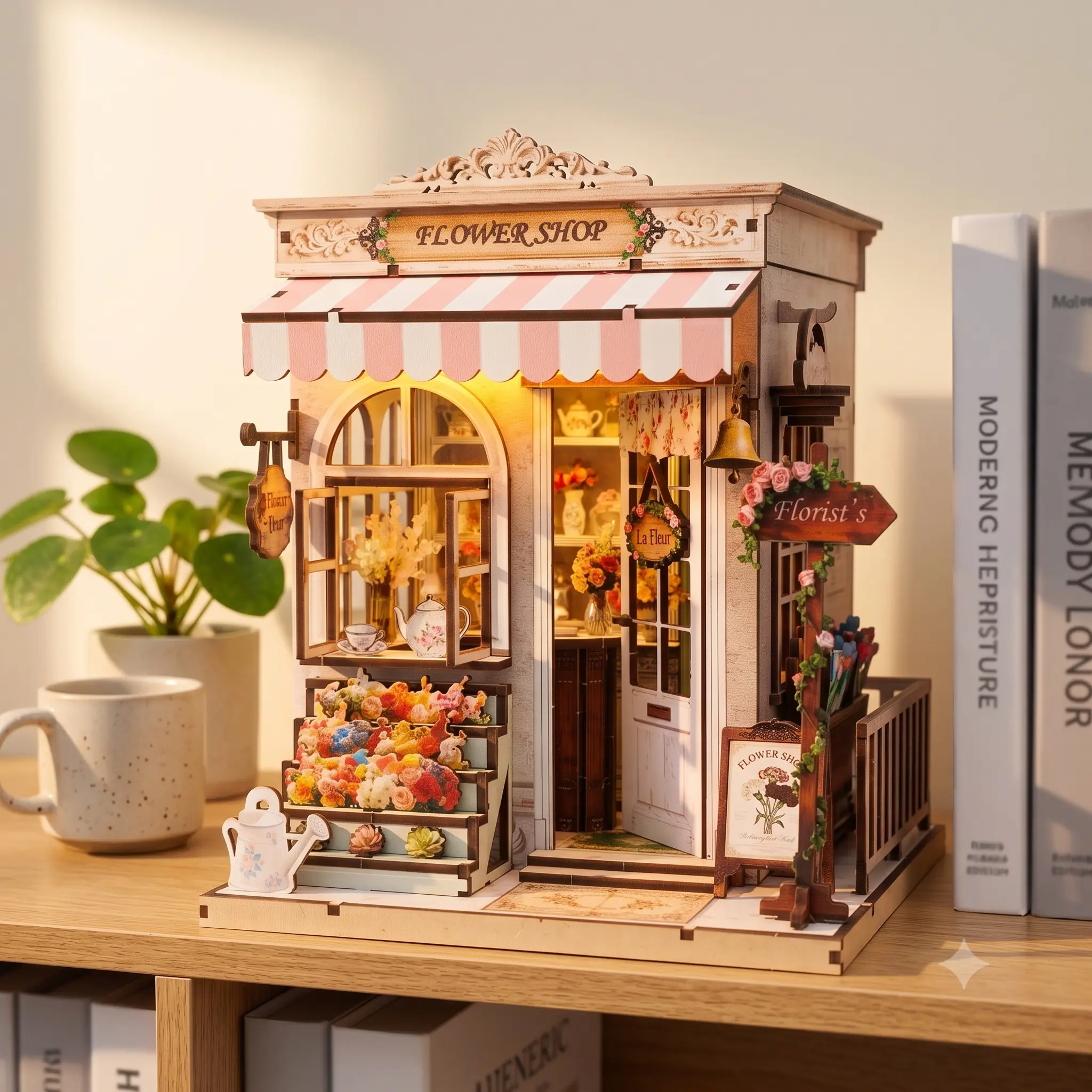 DIY Book Nook Kit for Adults, Miniature Flower Shop House Kit, Wooden DIY Mini House with LED, Book Nook Bookshelf Insert Model Craft Kit, Handmade Gift Home Desk Decor