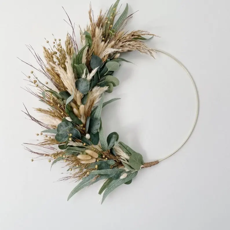 Neutral All Year Round Minimal Eucalyptus and Pampas Wreath, Grasses Wreath, Boho Neutral Coastal Wreath, Earthy Coastal Grasses