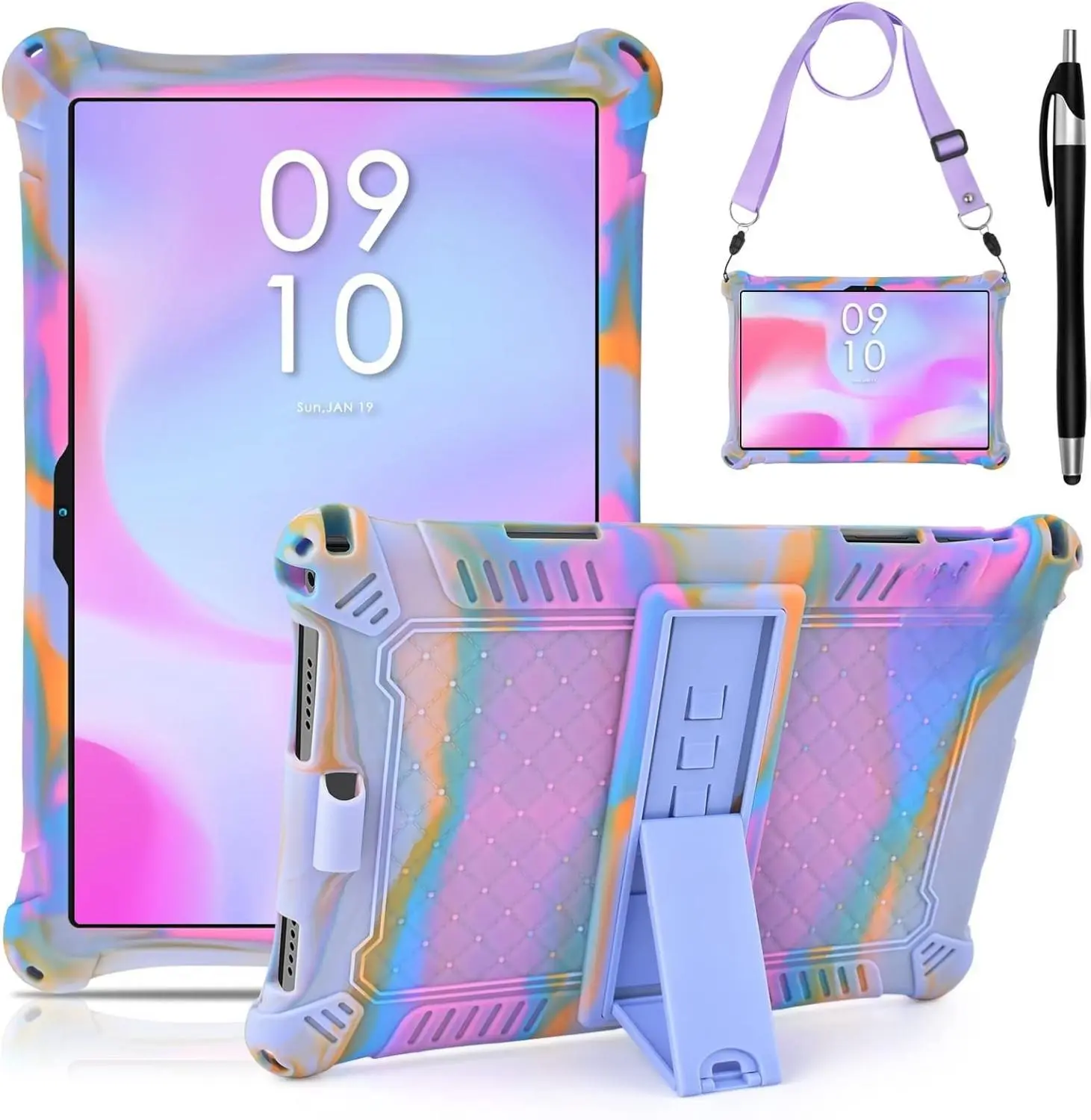 10.1 inch Silicone Tablet Case with Stylus Pen & Shoulder Strap, Moderness 10.1" Case, Soft Portable Protective Cover for QunyiCO 10.1, Azeyou Tab 6 10 inch, Rose Red & Purple