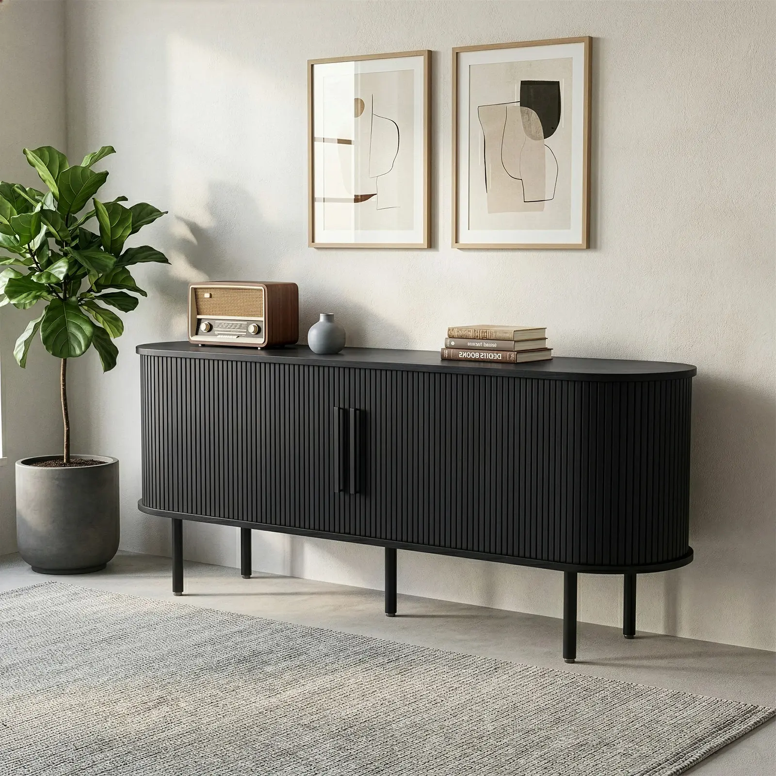 Oval Curved Edge Slatted Sliding Door TV Cabinet, Embossed Particle Board Entertainment Media Console With Separate Open Storage Shelves, Stable Metal Support Legs Modern TV Stand For Living Room Home Media Storage