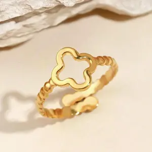 1pc Stainless Steel Fashionable Golden Flower Clover Shape Open Ring for Women’s Daily Wear or Gift