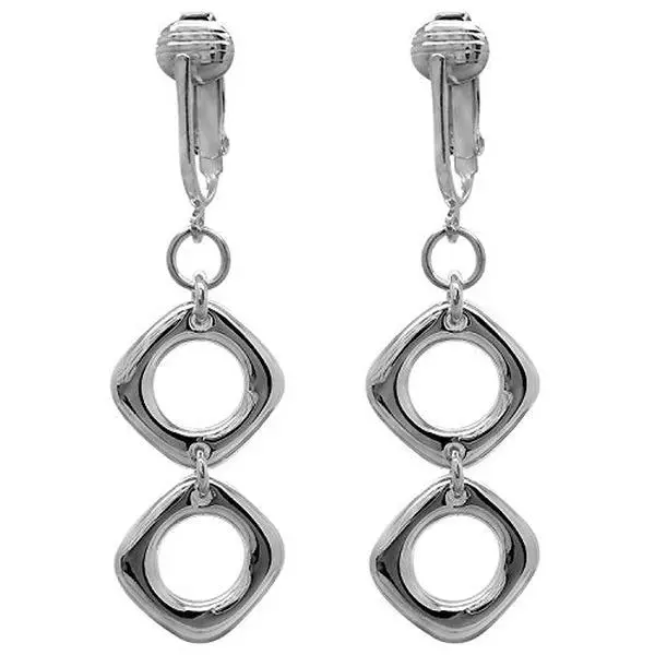 Silver Double Cubes Clip On Dangling Earrings