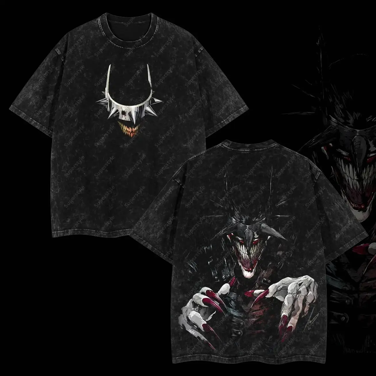 Superstyle Villain Bat Who Laughs Ver 4 Dark Nights: Death Metal Edition Double Printed Oversize Lightweight Acid Washed Tee TV Series Graphic Design Top Cotton Streetwear Comic Superheroes T-Shirt Clothes Menswear Womenswear 5K2