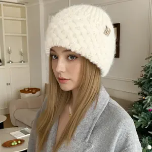 New Women Plush Fur Warm Beanie Hat Trendy Knitted Hat Fashion Female Elegant Winter Hat