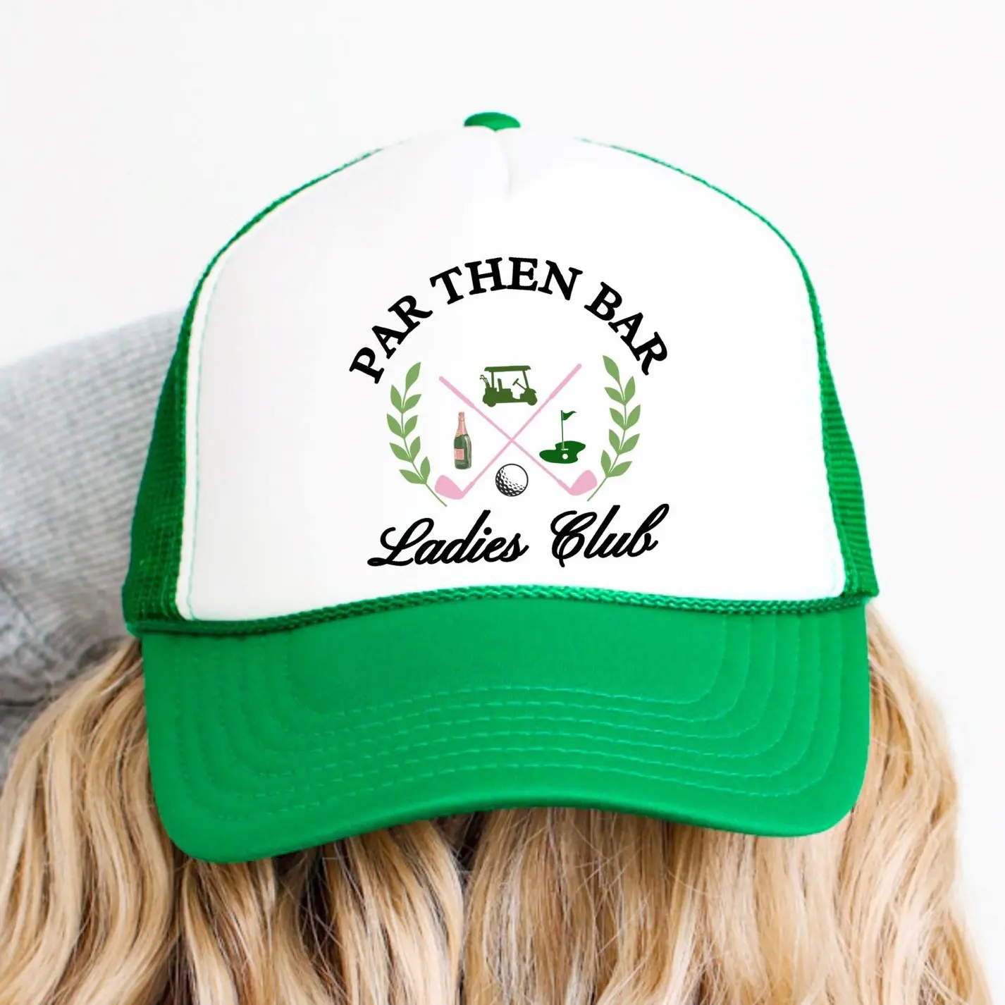 Par then Bar Ladies Club Trucker Hat - Funny Golf Hat for Women - Trendy Women's Golfing Hat -Preppy Golfer Snapback