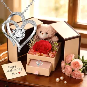 Bear Rose Flower Gift Box with Heart Necklace Set, Jewelry Gifts, Mother's Day Gift, Valentine's Day, Christmas, Anniversary, Birthday Present for Women