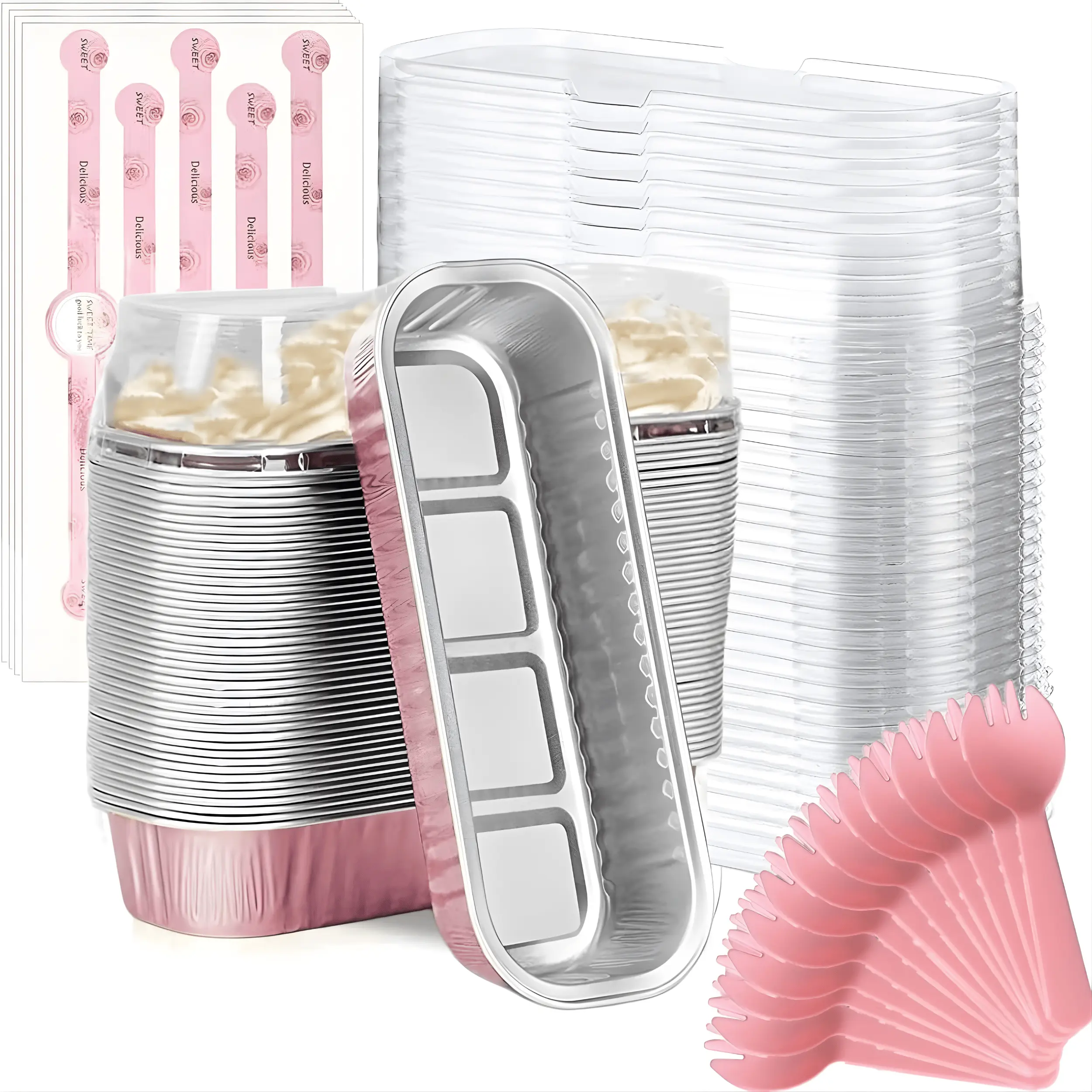 Mini Loaf Baking Pans with Lids & Spoons 50 Pack 6.8oz Aluminium Foil Rectangular Baking Tins Disposable Containers for Cupcakes, Cheesecake, Crème Brûlée, Desserts, Parties & Meal Prep