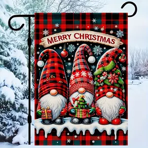 Merry Christmas Garden Flag - Double-Sided, Durable Polyester with Red & Black Buffalo Plaid Gnome Design for Outdoor Holiday Decor, Patio, Lawn, and Farmhouse, No Pole Included, Christmas Decor Ornaments Decoration