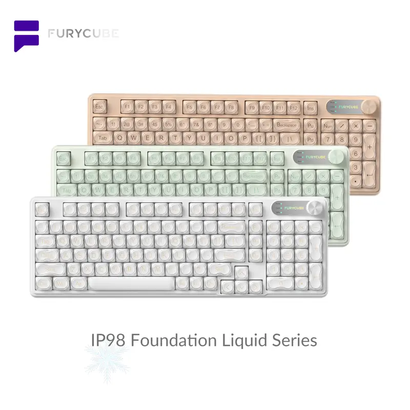FURYCUBE IP98 Office&Gaming Membrane Keyboard with 98 Keys, Wired&Wireless Keyboard with Number Pad, Silent Media Knob Custom RGB Backlit Ergonomic Rainbow Keyboard for PC MAC PS4 Xbox, Giftguide, NewYear GIft