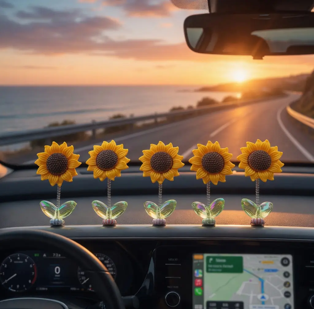 Sunflower Dashboard Decor - Shaking Flower Spring Ornaments - for Car Interior & Desktop Decoration - Cute Aesthetic Gift for Women & New Drivers - 5/15 Pack