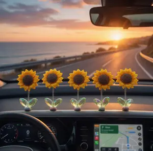Sunflower Dashboard Decor - Shaking Flower Spring Ornaments - for Car Interior & Desktop Decoration - Cute Aesthetic Gift for Women & New Drivers - 5/15 Pack summervibes