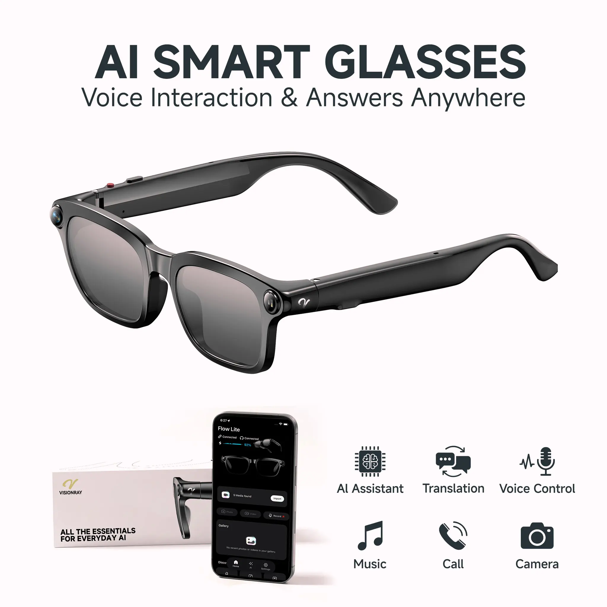 LITE AI Smart Glasses with 8MP Sony Camera, 4K Photo, 1080P Video, AI Voice Assistant, Real-Time Translation, Open-Ear Audio & Photochromic Lenses Wearable