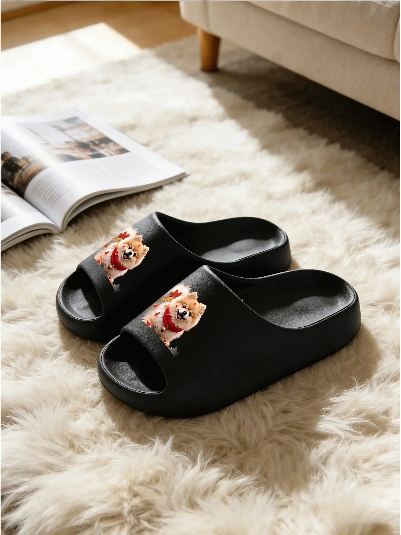 Maple Leaf Pomeranian Print Cloud Sandals, Soft Cute Autumn Style, Home Comfortable Eva Casual House Shoes Slippers, Perfect for Pet Lovers